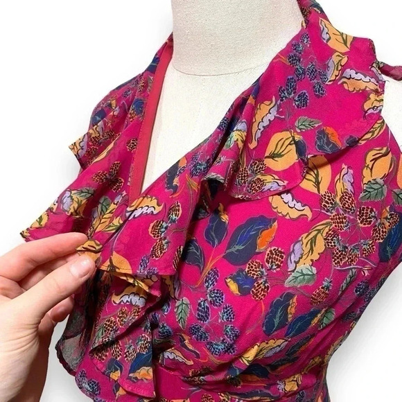 SALONI Cece 100% Silk Dark Pink Berry Printed Ruffle V Neck Mini Dress Size 6 - Picture 6 of 11